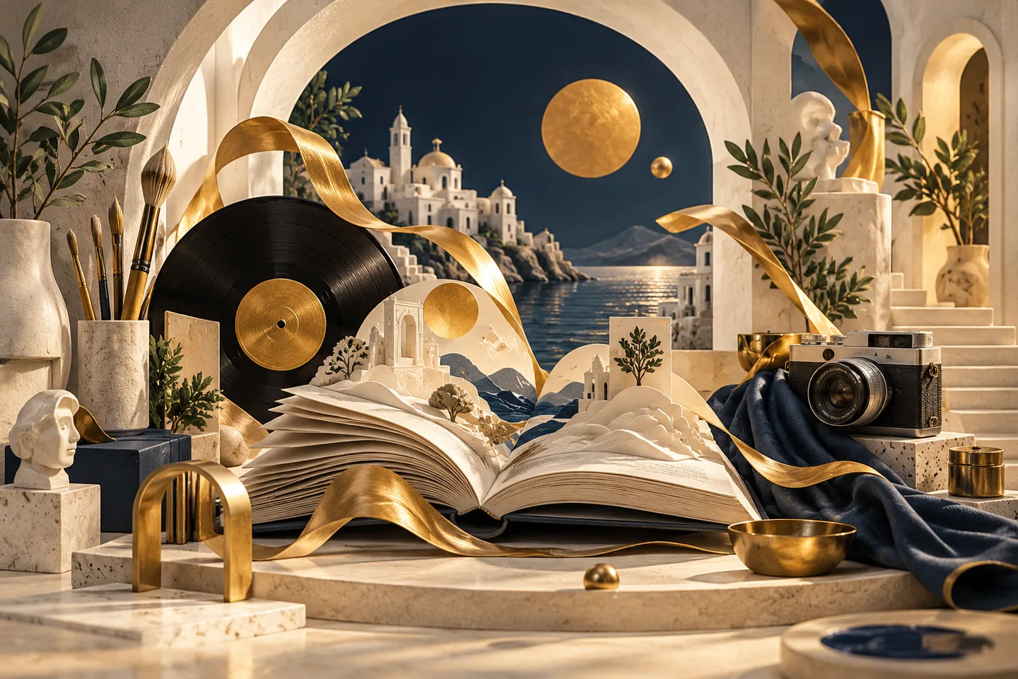 Books, music, a camera and golden ribbons form an imaginative creative studio.