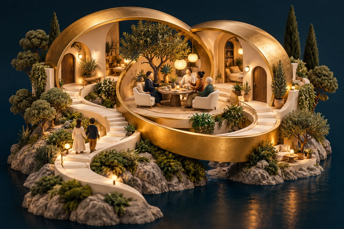 An illustrated shared home shaped by interlocking golden circles, with people talking.