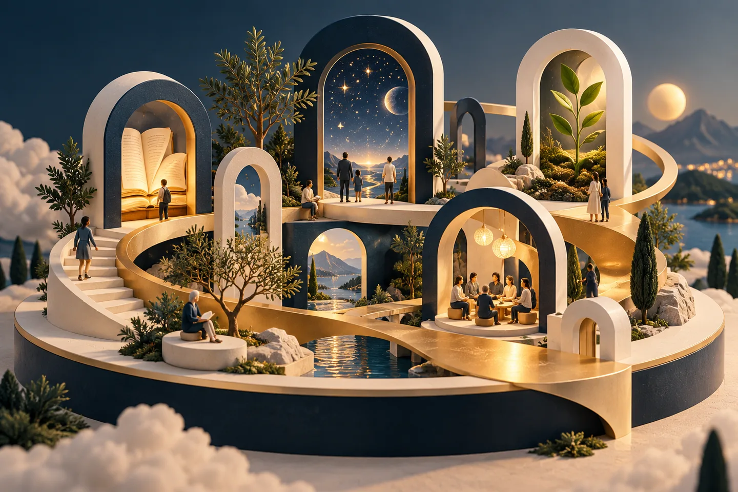 Golden paths connect open portals to books, nature and people sharing ideas.