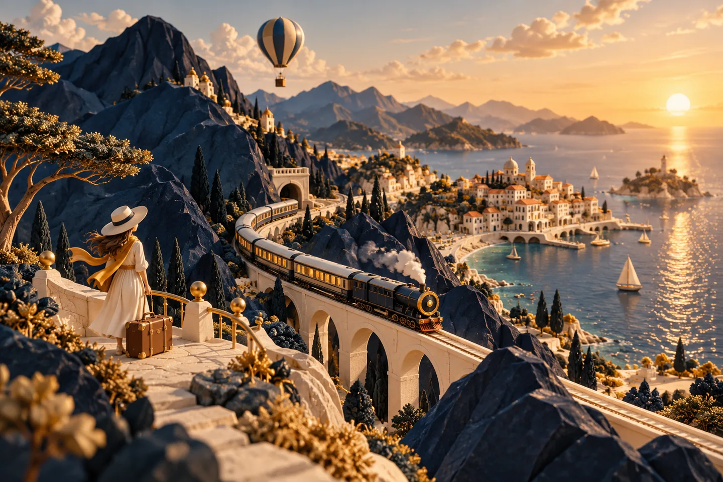 A miniature railway winds through mountains toward a sunlit coastal town.