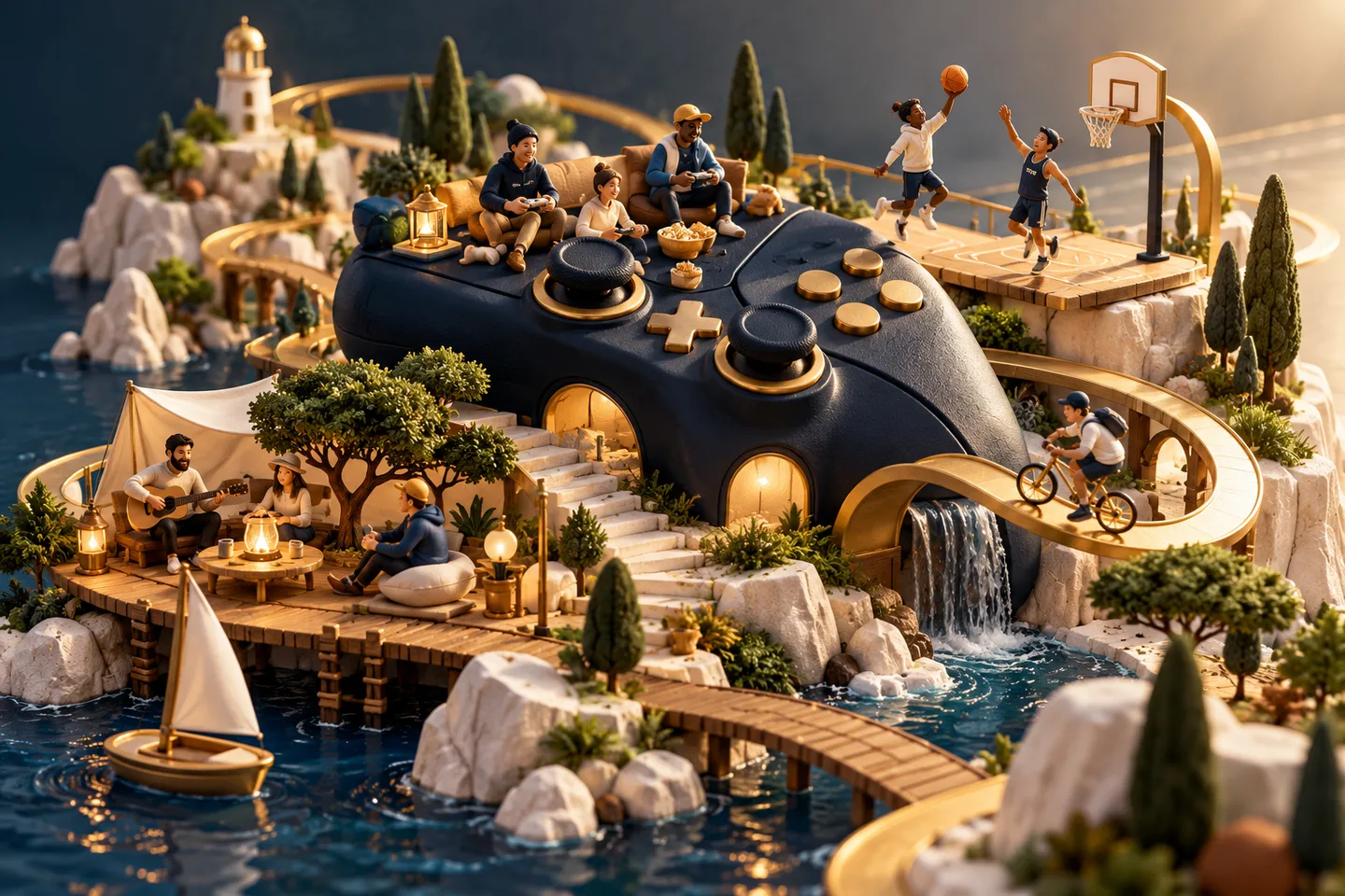 A sculptural gaming and hobby island with a controller, a basketball court and a bicycle.