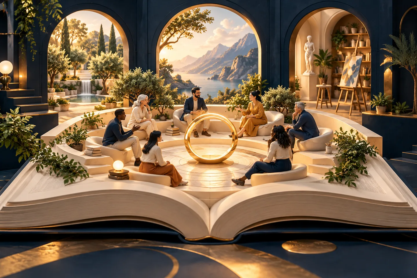 An open book becomes a circular reading lounge, framed by sunlit arches.