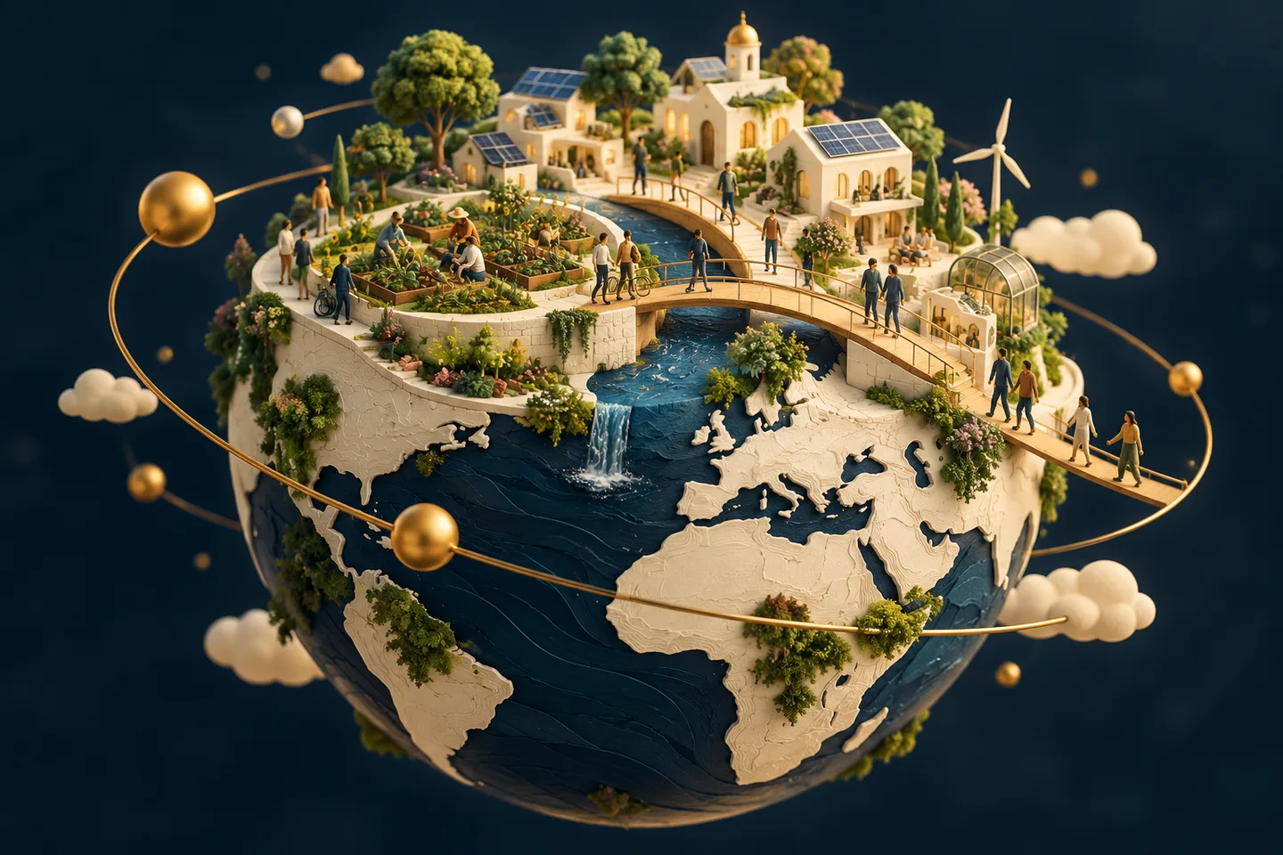 A miniature globe supports a walkable neighbourhood, gardens and a connecting bridge.