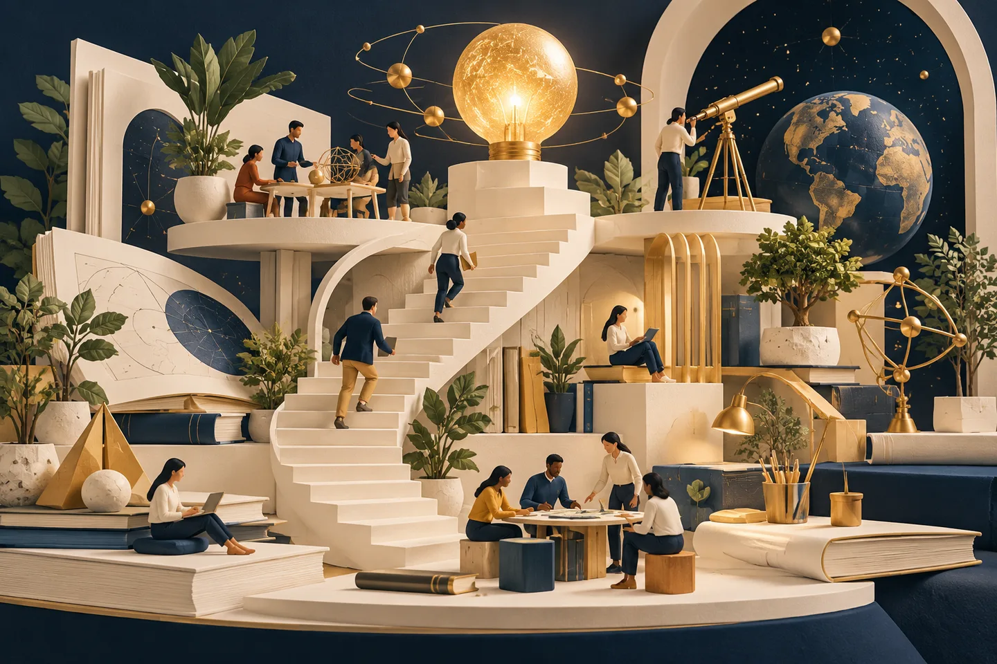 An ivory learning staircase connects collaborative workspaces, a telescope and a glowing orb.