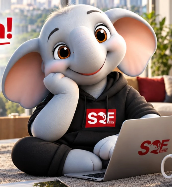 Original Gaja elephant mascot in a black SQE ONE hoodie