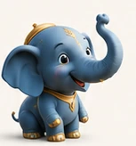 Gaja, the blue elephant mascot wearing gold accessories